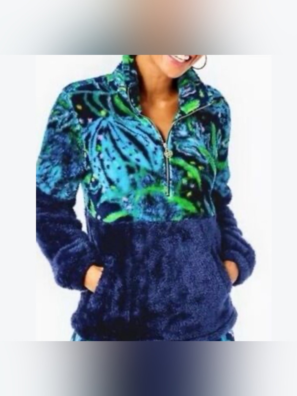 Lilly Pulitzer Keala Sherpa Popover fleece Low Tide Navy Catty Purrsonality Sz L
